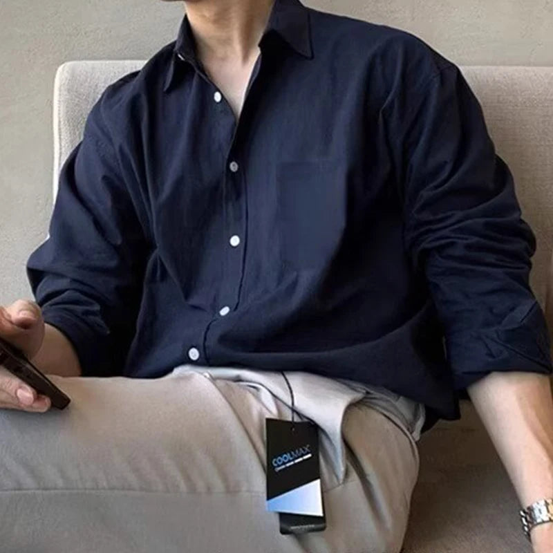 2025 Spring Fall Casual Shirts Mens Long Sleeve Buttoned Leisure Cardigan Tops For Men Trendy Solid Color Turn-down Collar Shirt
