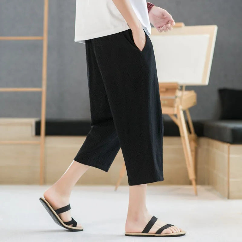 2025 New Summer Men Casual Pants Ice Silk Thin Solid Color Cropped Pants Fashion Hip Hop Street Sweatpants Male Loose Trousers