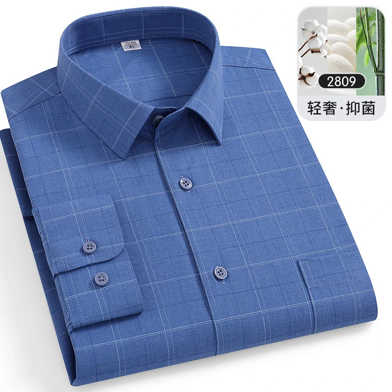 Large Size 8XL-7XL-6XL Men's Shirts Bamboo Fiber Long Sleeve Anti-wrinkle Soft Casual Fashion Business Plaid Shirt Male Clothing