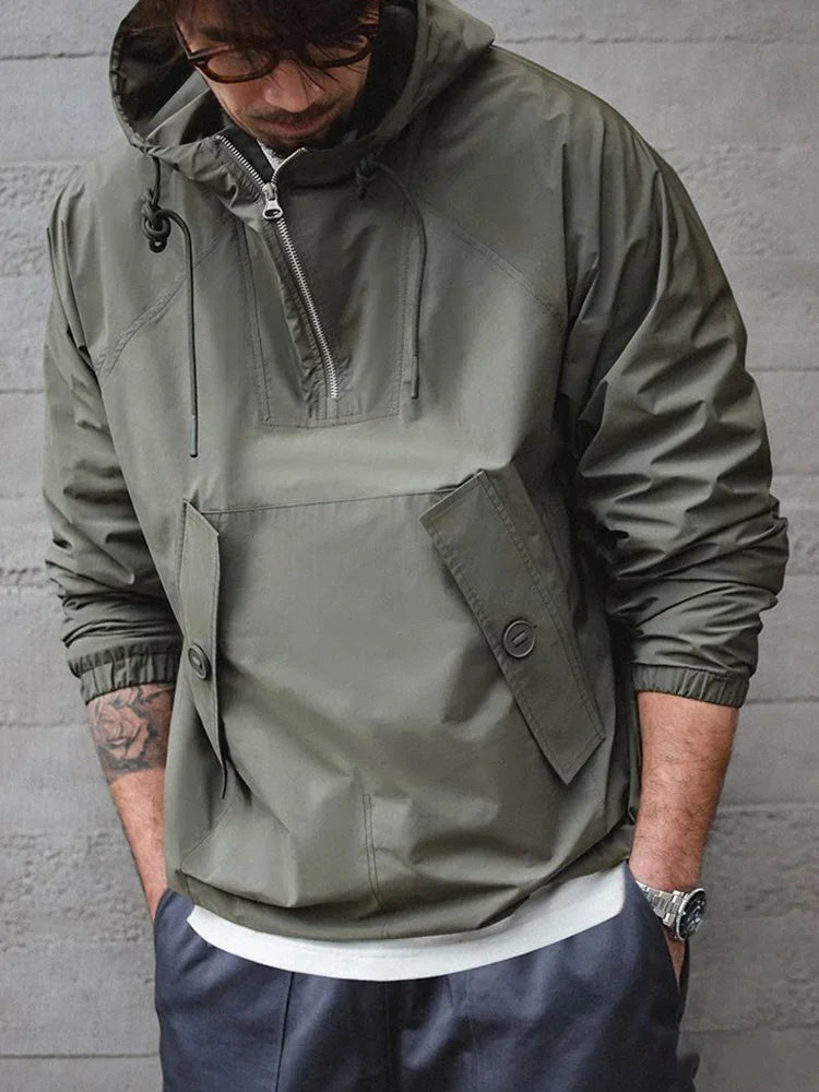 Mountain Functional Spring Lightweight Windbreaker Japanese Retro Loose Thin Hooded Jacket Men Deck Workwear Half Zip Pullover