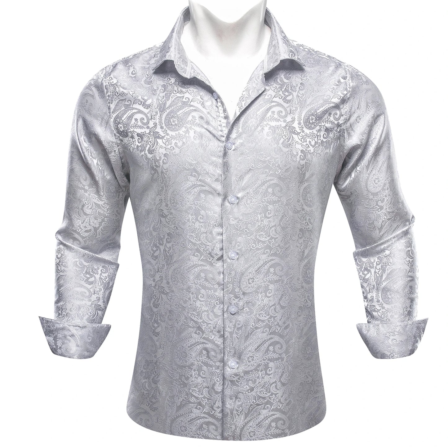 Designer Silk Shirts for Men Blue Gold Green Red White Black Paisley Embroidered Slim Fit Male Blouses Casual Long Sleeve