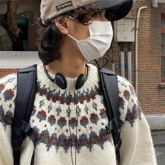 Spring Men's Fair Isle Jacquard Sweater Vintage Loose Printed Crewneck Knit Pullovers Korean Fashion Y2K Streetwear Jumpers
