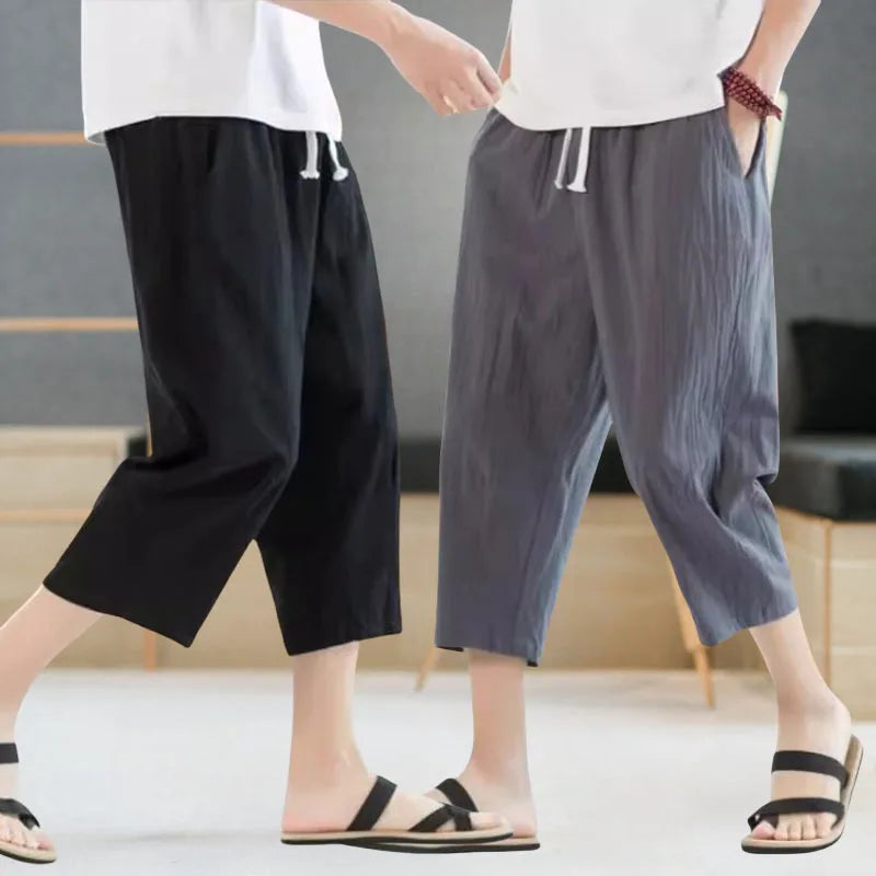 2025 New Summer Men Casual Pants Ice Silk Thin Solid Color Cropped Pants Fashion Hip Hop Street Sweatpants Male Loose Trousers