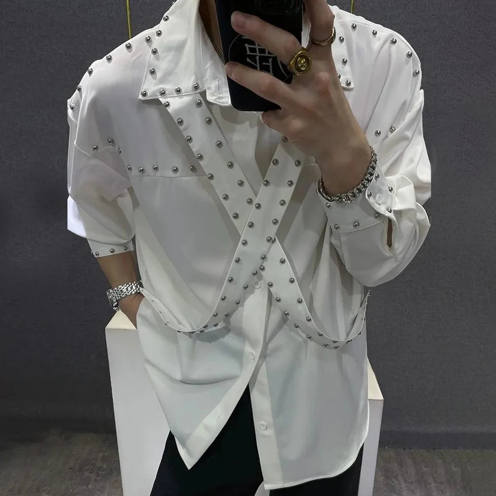 Mens Ribbons Rivets Shirts Autumn Streetwear Fashion Trends Campus Performances Casual Long-Sleeve Tops Men'S Clothing 2024