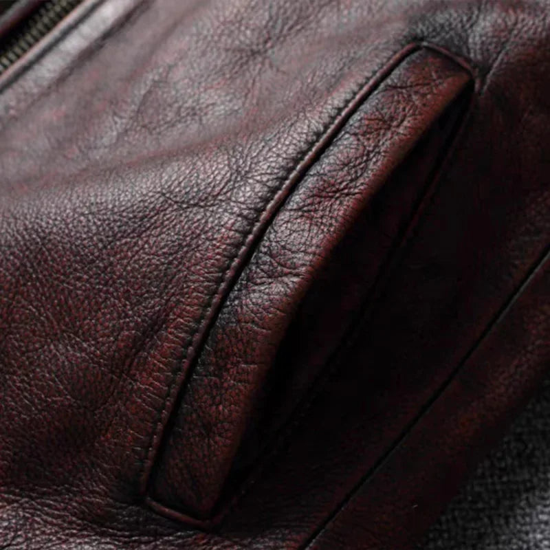 Retro Distressed Lapel First Layer Cowhide Leather Motorcycle Jacket Men's Slim Short Classic Men's Leather Jacket