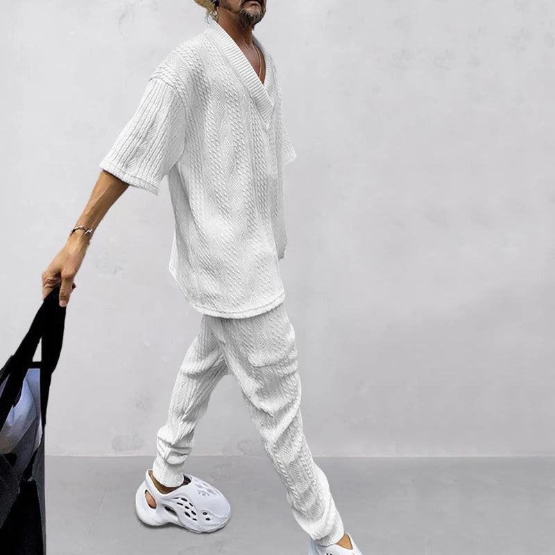 New European and American Casual Loose Three-Quarter Sleeve Jacquard Knitwear Top Plus Pants Men's Casual Personalit