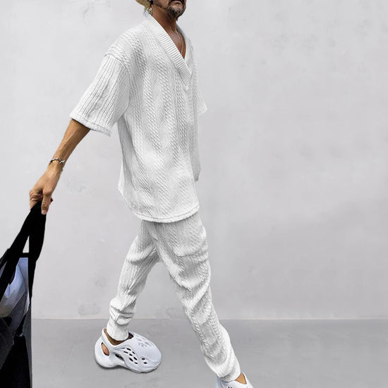 New European and American Casual Loose Three-Quarter Sleeve Jacquard Knitwear Top Plus Pants Men's Casual Personalit