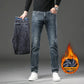 Winter Fleece Lined Warm Men's Jeans Slim Straight Korean Velvet Denim Pants Retro Soft Thick Casual Trousers Daily Outdoor Wear