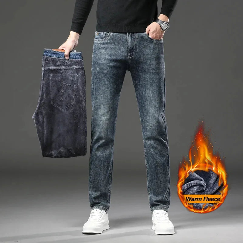 Winter Fleece Lined Warm Men's Jeans Slim Straight Korean Velvet Denim Pants Retro Soft Thick Casual Trousers Daily Outdoor Wear
