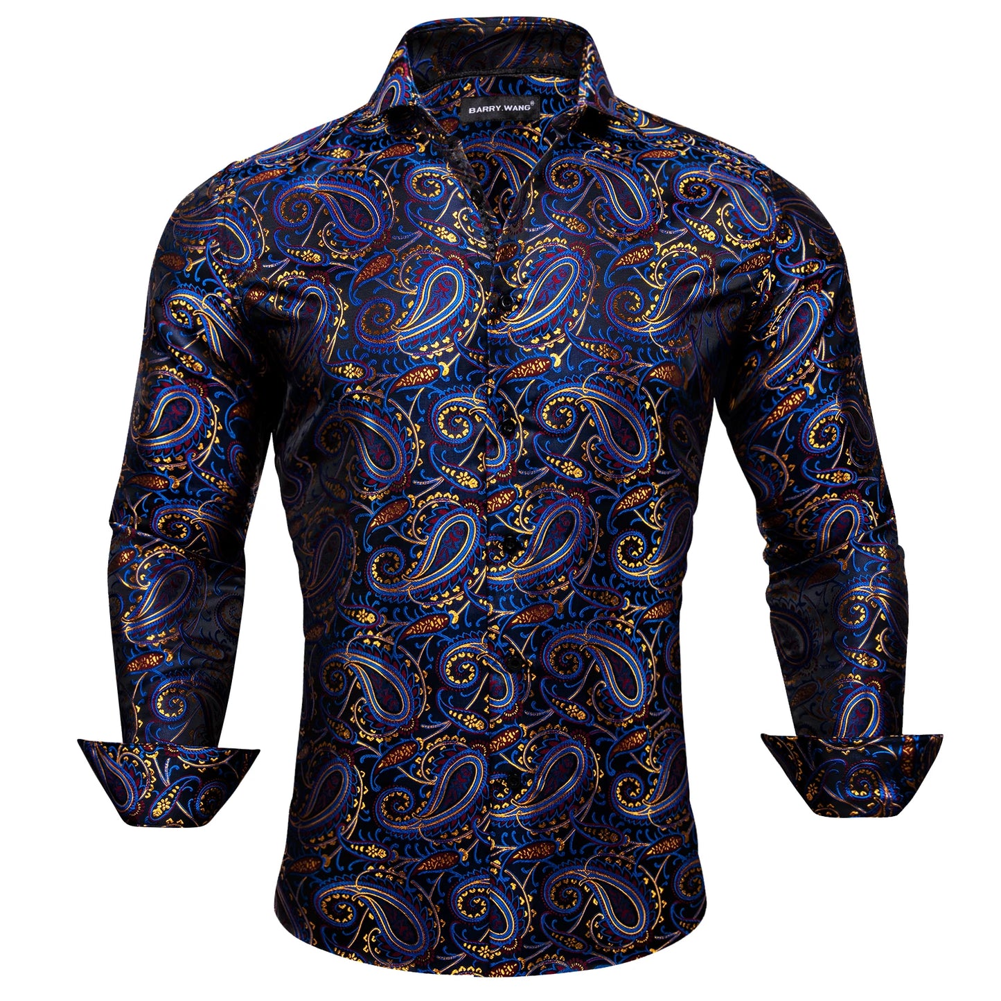 Designer Silk Shirts for Men Blue Gold Green Red White Black Paisley Embroidered Slim Fit Male Blouses Casual Long Sleeve