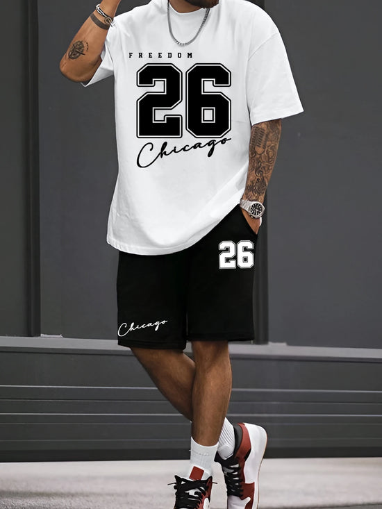 Short-sleeved shorts summer men's suit simple fitted T-shirt letter print with the same printed shorts two-piece set