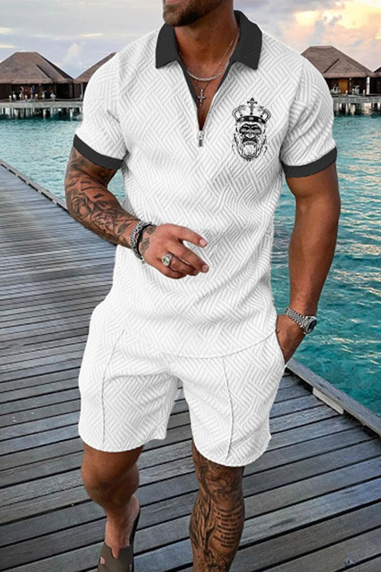 Summer Men's Luxury Polo Shirt Shorts Suit Fashion Trend Tracksuit 2 Pieces Vintage Tiger Print Outfit Set Male Casual Clothing