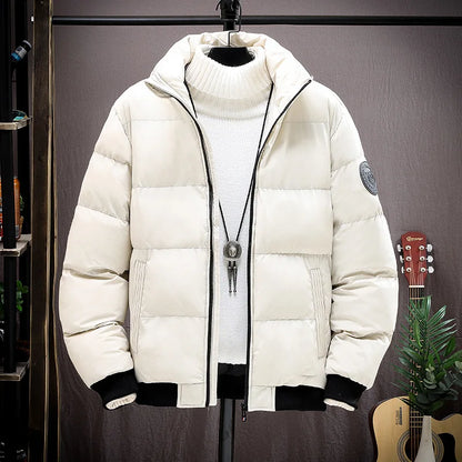 Men's Winter Thickened Short Cotton Jacket Stand Collar Loose Casual Fashionable Polyester Fiber Zipper Closure Solid Color