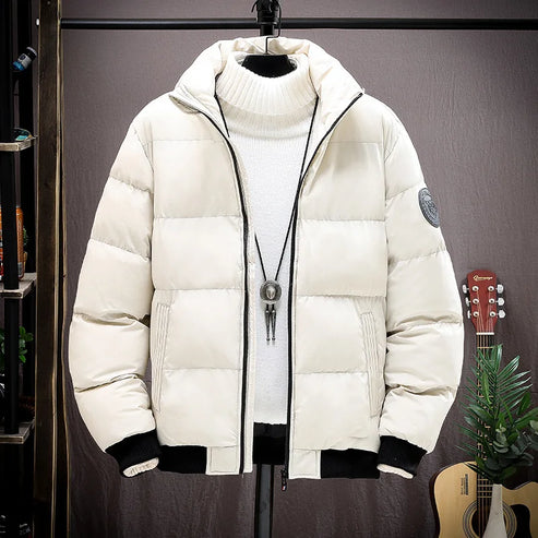 Men's Winter Thickened Short Cotton Jacket Stand Collar Loose Casual Fashionable Polyester Fiber Zipper Closure Solid Color