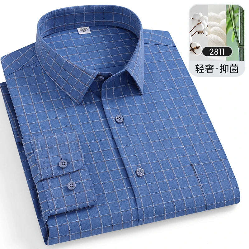 Large Size 8XL-7XL-6XL Men's Shirts Bamboo Fiber Long Sleeve Anti-wrinkle Soft Casual Fashion Business Plaid Shirt Male Clothing