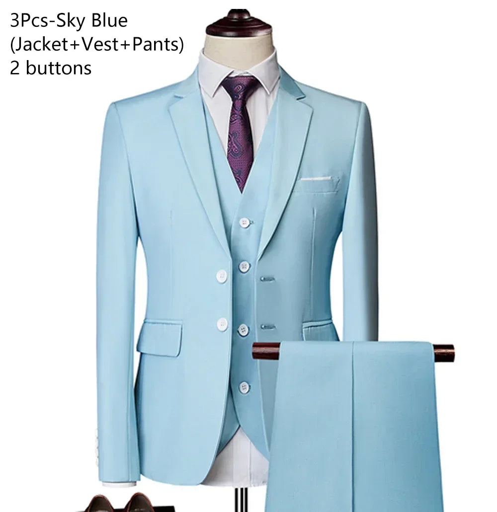 Men's 3 Piece Suit Set Solid Color for Wedding Formal Business Dress Blazer Vest Pants Classic Tuxedo Party Groomsmen