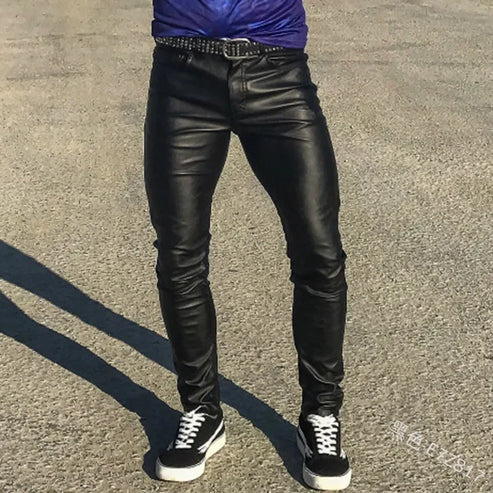 Elastic Low Waist Sexy Pu Leather Pants Mens  American European Style Fashion Party Slim Trouser Red Black Faux Leather Hotpants