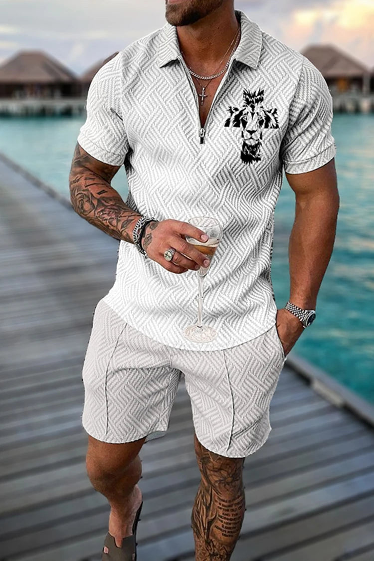 Summer Men's Luxury Polo Shirt Shorts Suit Fashion Trend Tracksuit 2 Pieces Vintage Tiger Print Outfit Set Male Casual Clothing