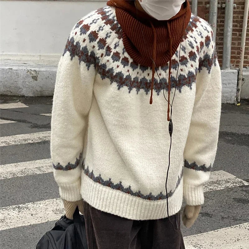 Spring Men's Fair Isle Jacquard Sweater Vintage Loose Printed Crewneck Knit Pullovers Korean Fashion Y2K Streetwear Jumpers