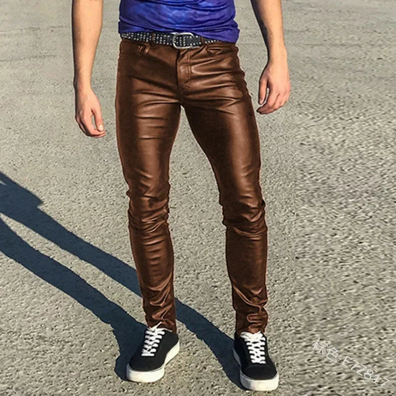 Elastic Low Waist Sexy Pu Leather Pants Mens  American European Style Fashion Party Slim Trouser Red Black Faux Leather Hotpants