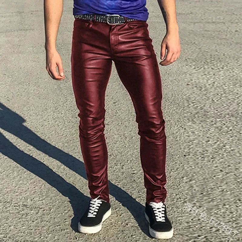 Elastic Low Waist Sexy Pu Leather Pants Mens  American European Style Fashion Party Slim Trouser Red Black Faux Leather Hotpants