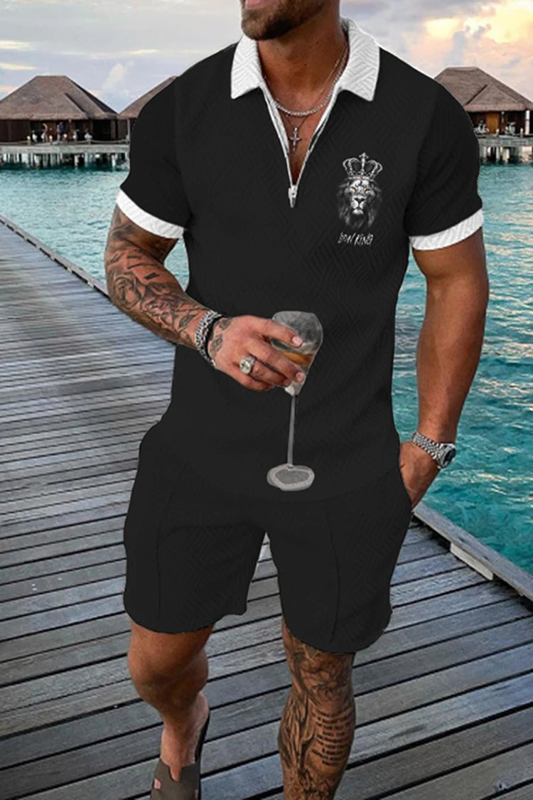 Summer Men's Luxury Polo Shirt Shorts Suit Fashion Trend Tracksuit 2 Pieces Vintage Tiger Print Outfit Set Male Casual Clothing