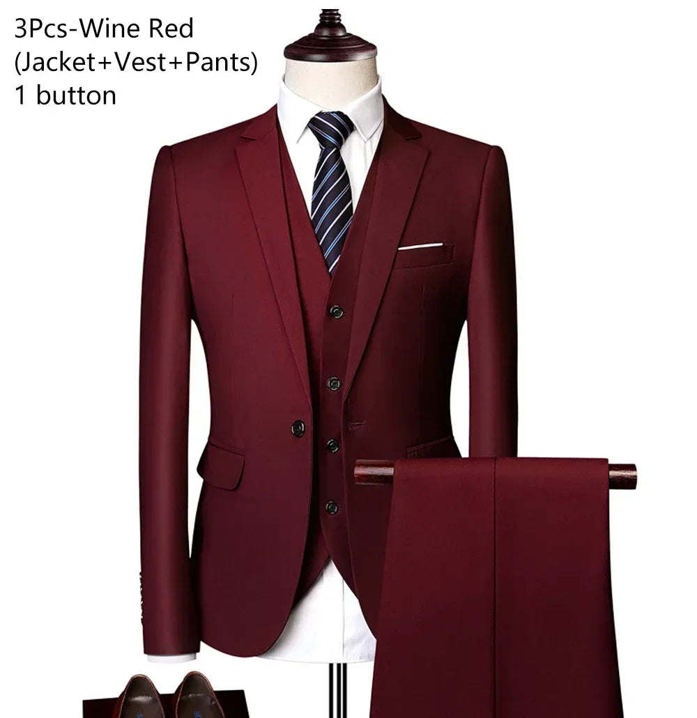 Men's 3 Piece Suit Set Solid Color for Wedding Formal Business Dress Blazer Vest Pants Classic Tuxedo Party Groomsmen