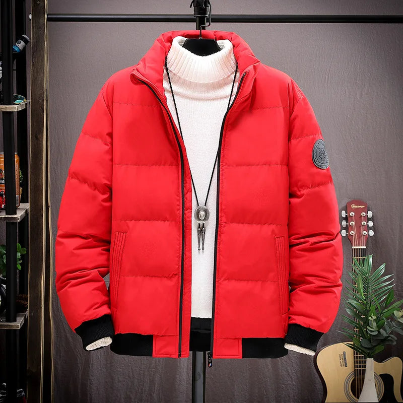 Men's Winter Thickened Short Cotton Jacket Stand Collar Loose Casual Fashionable Polyester Fiber Zipper Closure Solid Color