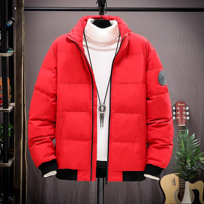 Men's Winter Thickened Short Cotton Jacket Stand Collar Loose Casual Fashionable Polyester Fiber Zipper Closure Solid Color