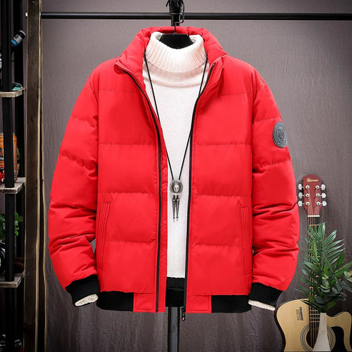 Men's Winter Thickened Short Cotton Jacket Stand Collar Loose Casual Fashionable Polyester Fiber Zipper Closure Solid Color