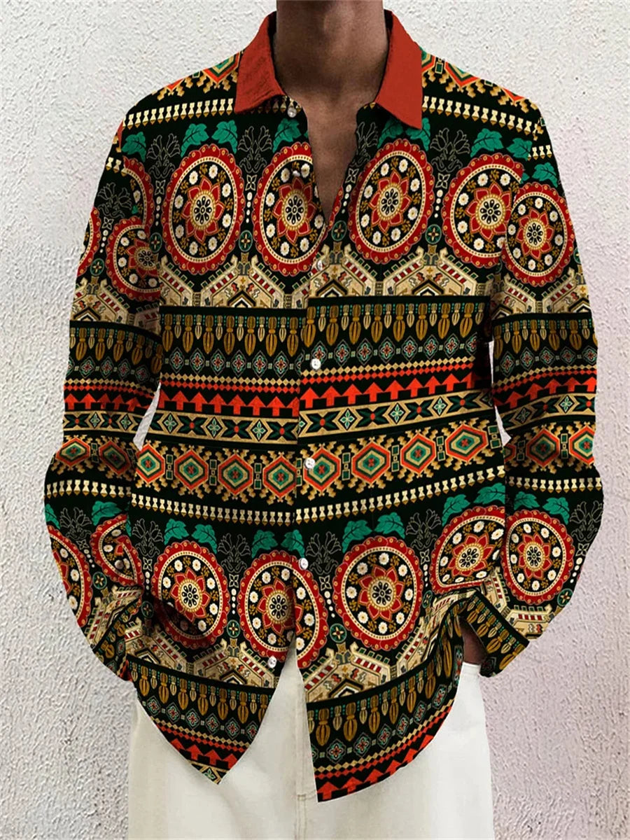 Men's Shirt Long Sleeve Lapel Loose Casual Outdoor Spring Summer High Quality Material Map Stitching Plaid 3D Printing Plus Size