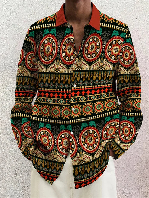 Men's Shirt Long Sleeve Lapel Loose Casual Outdoor Spring Summer High Quality Material Map Stitching Plaid 3D Printing Plus Size