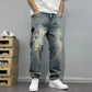 2025 Summer American Retro Loose Straight Leg Jeans for Men with Torn Holes, Patch Fabric, Versatile Long Pants in Blue