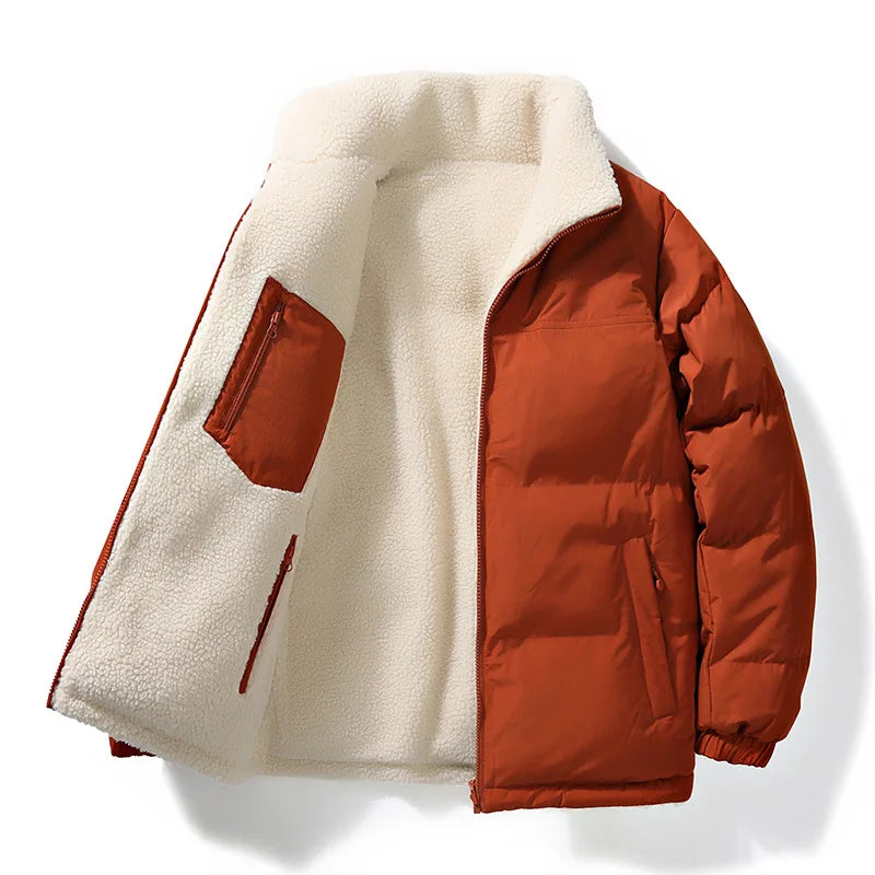 Men Parkas Coats Lamb Wool Lined Jacket Solid Pockets Long Sleevs Zipper Fly Loose Fit Casual Office Lady 2025 Autumn Winter