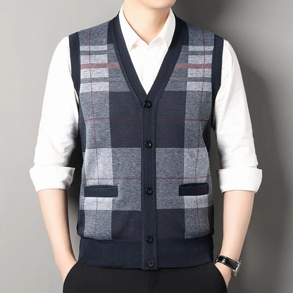 New Autumn Male Vest Sleeveless Sweater Fleece Cardigan Warm Knitted Checkered Business Casual Button Up Coat Men's Clothing
