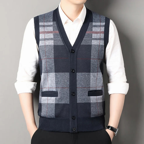 New Autumn Male Vest Sleeveless Sweater Fleece Cardigan Warm Knitted Checkered Business Casual Button Up Coat Men's Clothing
