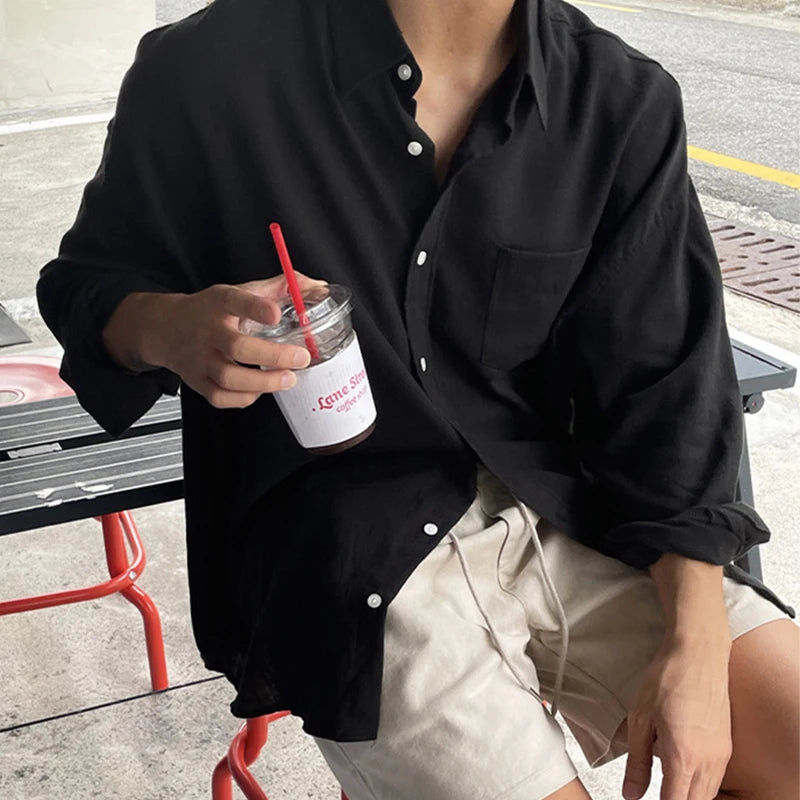 2025 Spring Fall Casual Shirts Mens Long Sleeve Buttoned Leisure Cardigan Tops For Men Trendy Solid Color Turn-down Collar Shirt