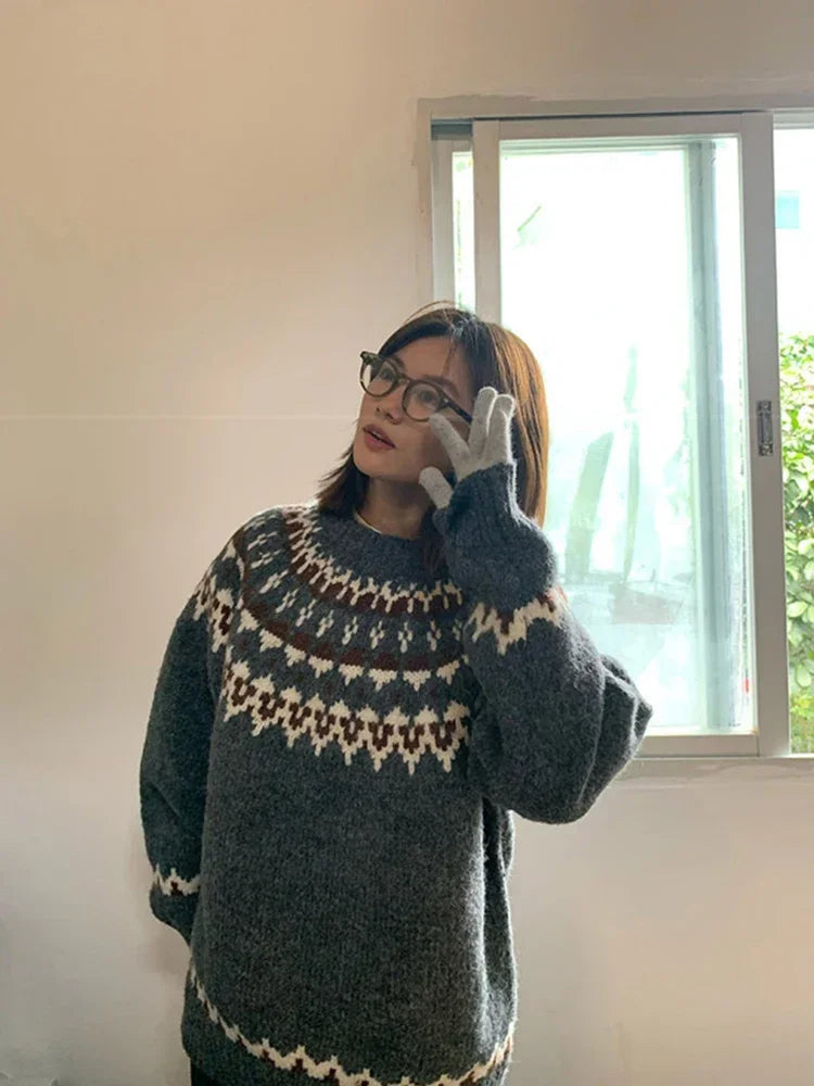 Spring Men's Fair Isle Jacquard Sweater Vintage Loose Printed Crewneck Knit Pullovers Korean Fashion Y2K Streetwear Jumpers