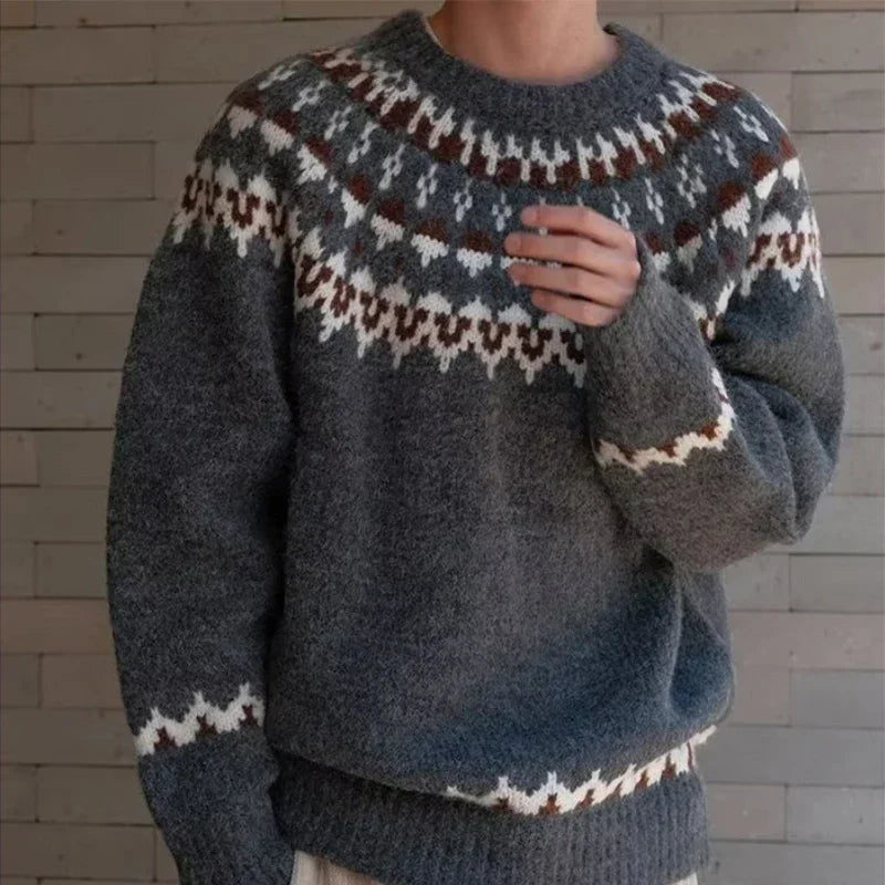 Spring Men's Fair Isle Jacquard Sweater Vintage Loose Printed Crewneck Knit Pullovers Korean Fashion Y2K Streetwear Jumpers