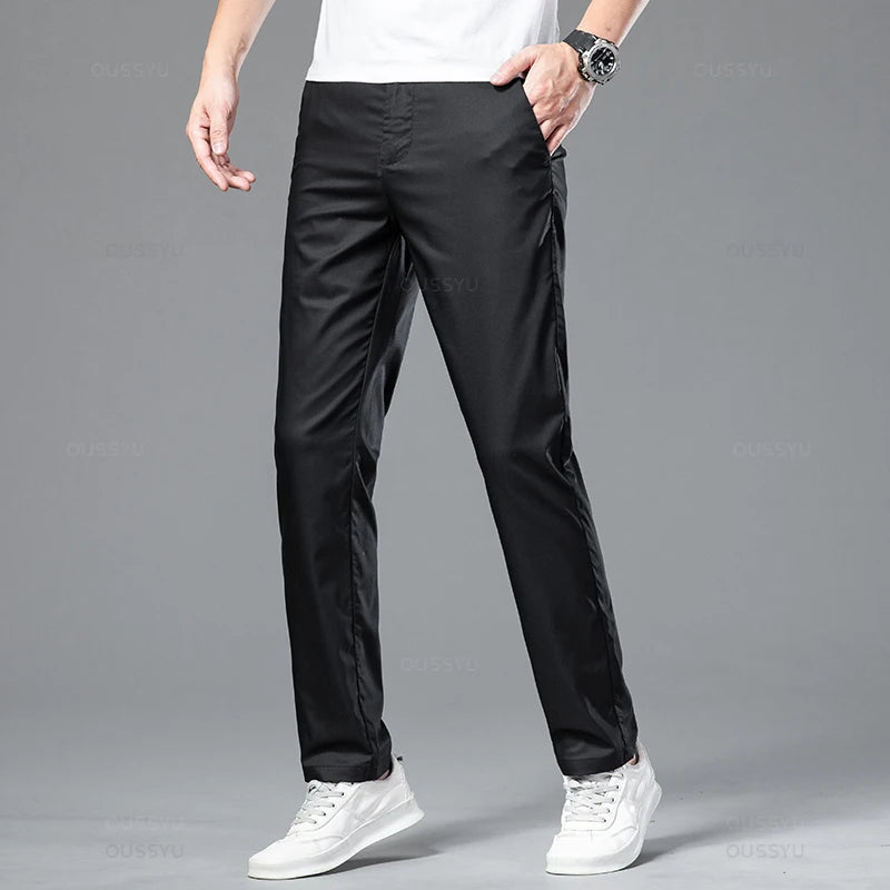 New Summer Cosy Soft Bamboo Fiber Straight Suit Pants Men Business Stretch Thin Navy Blue Casual Trousers Male Large Size 40 42